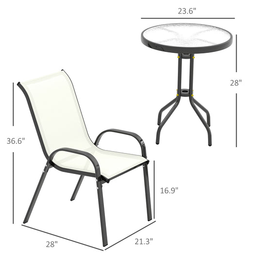 3 Pieces Bistro Set, Small Patio Furniture Set With Stackable Chairs And Glass Table For Backyard, Balcony, Beige