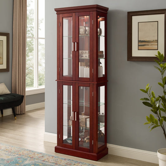 Lighted Curio Display Cabinet With Adjustable Shelves & Mirrored Back Panel
