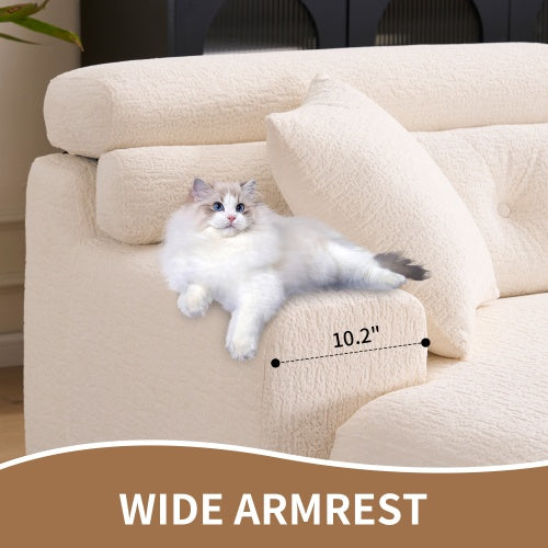 LY-029B WHITE COMPRESSION SOFA Combining Chaise Longue With 3-seater Wood Grain Chenille Fabric, Full Sponge Compression Sofa,combined Sofa With 2 Pillows For Living Home Furniture