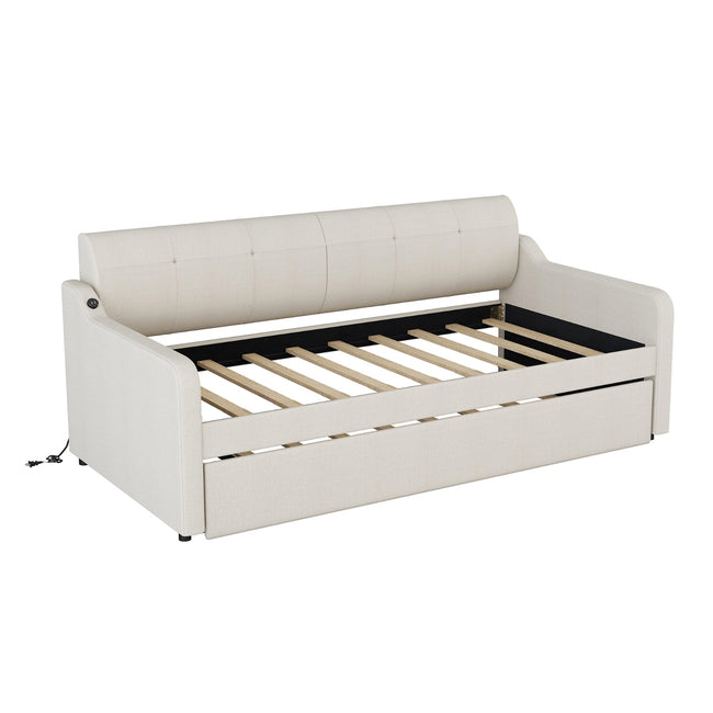 Twin Upholstered Daybed W Trundle & USB Charging, Adjustable, Beige