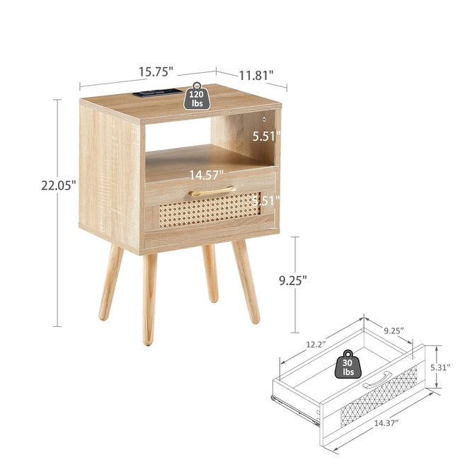 15.75 Rattan End Table With Power Outlet, USB Ports, Drawer Solid Wood