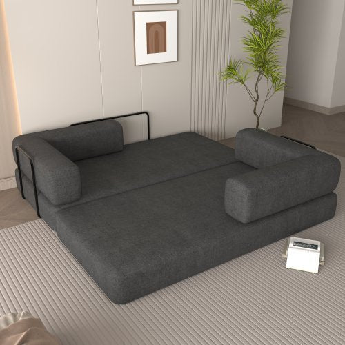 Convertible Sleeper Sofa Bed With Cylindrical Pillow, Corduroy Folding Mattress Couch With Fixed-Shape Frame, Floor Sofa Lounge Couch For Living Room Bedroom Lounge Studio Orange Red