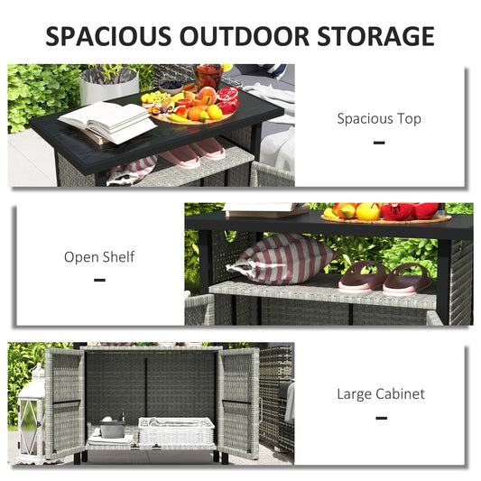 Outdoor Pool Towel Storage Cabinet Organizer, Outdoor Bar Table With Shelf And Cabinet, Pool Towel Holder Pool Valet With Weather-Resistant PE Rattan And Steel Frame, Gray