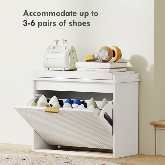 Shoe Storage Bench With Padded Seat Cushion And Flip-Drawer, Entryway Bench, Shoe Cabinet, 24.4x10.2x18.7 Inches, White