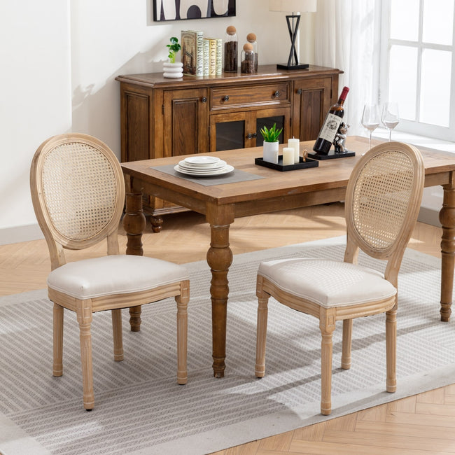 A&A French Style Solid Wood Antique Linen & Rattan Back Dining Chair