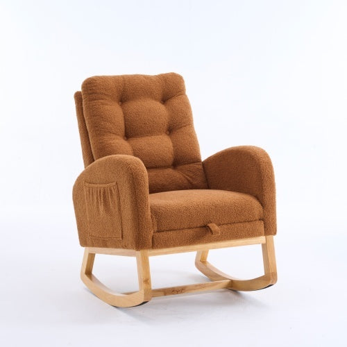 LY-5104 Caramel Accent Rocking Chair With Footrest High Back Rubber Wood Rocking Legs Bedroom Living Space 26.77D X 38.36W X 39.76H Inch