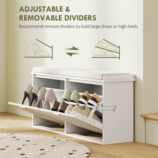 Shoe Storage Bench With Padded Seat Cushion And Flip-Drawer, Entryway Bench, Shoe Cabinet, 40.9x10.2x18.7 Inches, White