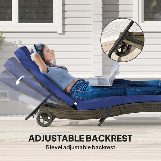 Patio Wicker Chaise Lounge Chair, Outdoor PE Rattan Sun Lounger With Adjustable Backrest And 2 Wheels, Dark Blue