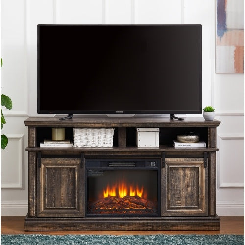 Modern Entertainment Console TV Stand With 23 Fireplace Insert, Multipurpose Sliding Door TV Cabinet Large Storage Space, 58.11 W 15.79 D 32.36 H Antique Brown