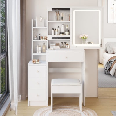 29.2 Small Size Left Bedside Cabinet Vanity Table Cushioned Stool, Large Sliding, Touch Control, Tri Color Switching, Brightness Adjust LED Mirror, High Capacity Storage Suitable For Small Space