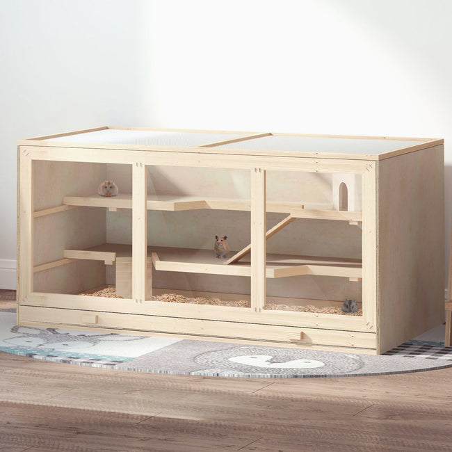 Hamster Cage 3 Tiers Wooden Big Habitat Mice Rat Exercise Play House Pen Opening Roof Ramps