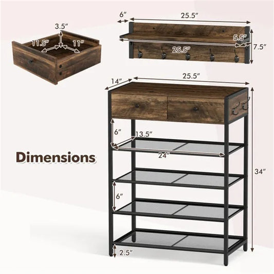 Multifunctional Entryway Storage - 5-Hook Coat Rack 2-Drawer Shoe Stand With 4 Mesh Shelves