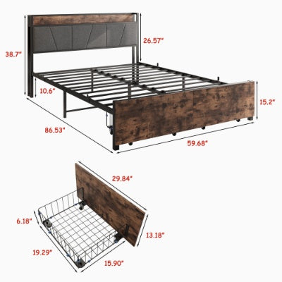 Queen Size Bed Frame, Storage Headboard With Charging Station And 2 Drawers, Solid And Stable, No Box Spring Needed, Easy Assembly, Vintage Brown And Gray