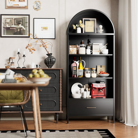 Metal Arched Bookshelf, Accent Arch Kitchen Pantry Cabinet With Drawer For Home Office Bar Living Room Farmhouse ,Black