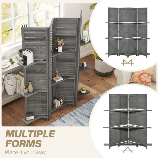 4 Panel 67" Tall Wood Privacy Screen Room Divider with 3 Shelves and Folding Storage for Bedroom, Gray
