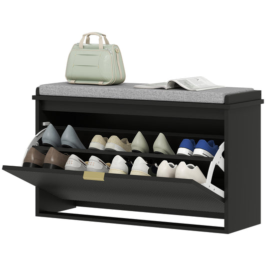 Shoe Storage Bench With Padded Seat Cushion And Flip-Drawer, Entryway Bench, Shoe Cabinet, 31.5x10.2x18.7 Inches, Black