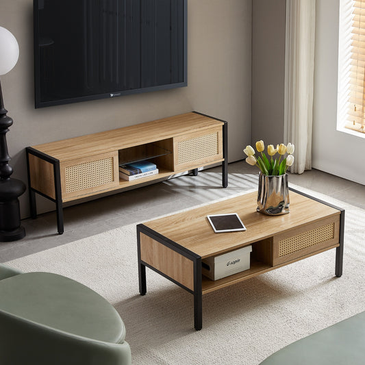 54.33 Rattan TV Cabinet With Color Light Strip Double Sliding Doors