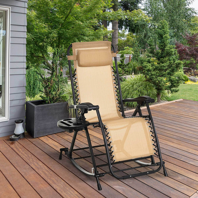 Ergonomic Recline Beige Zero Gravity Rocker With Headrest, Tray Phone Holder