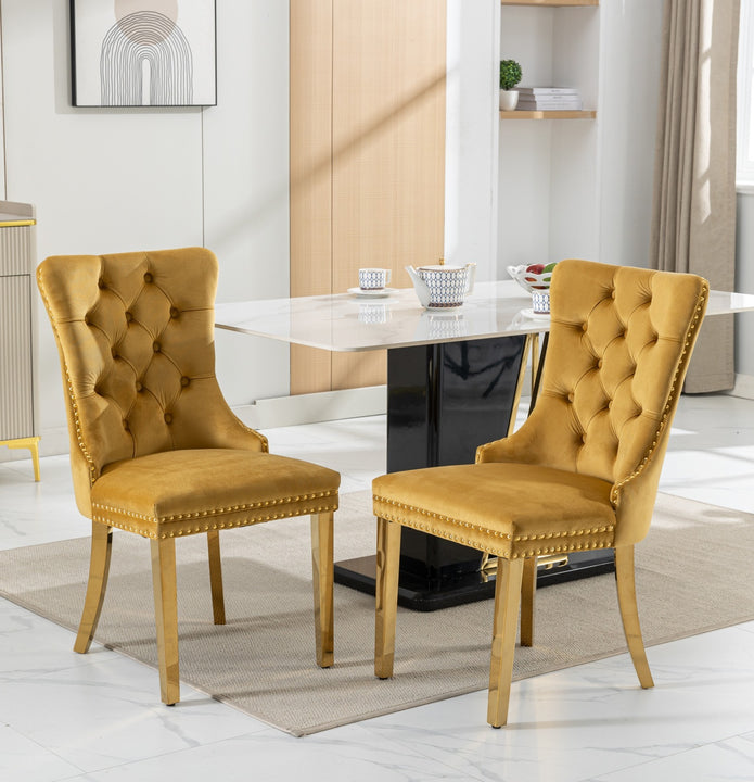 A&A Furniture,Nikki Modern, High-end Tufted Solid Wood Contemporary Velvet Upholstered Dining Chair With Golden Stainless Steel Plating Legs,Nailhead Trim,Set Of 2,Gold, SW1601GL