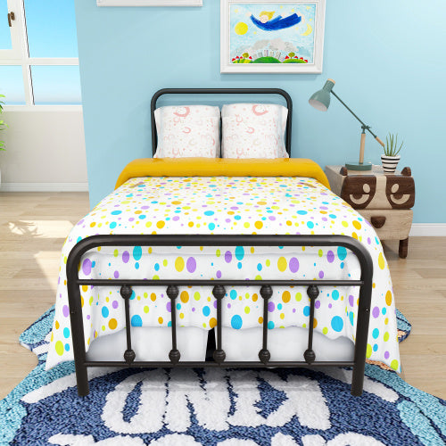 Metal Platform Bed Frame, Victorian Style HeadboardFootboard Under Bed Storage No Box Spring Needed Twin Size Black