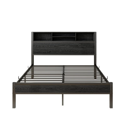 Full Size Bed Frame With Storage Headboard, Metal Platform Bed With Charging Station, Bookcase Storage, No Box Spring Needed, Easy Assembly, Noise-Free, Black