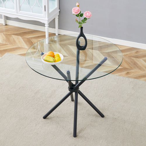 A Circular Transparent Tempered Glass Round Table With A Diameter Of 36.6 Inches,with Ring-shaped Gathered Black Metal Legs.The Desktop Glass Is 0.3 Inches Thick.