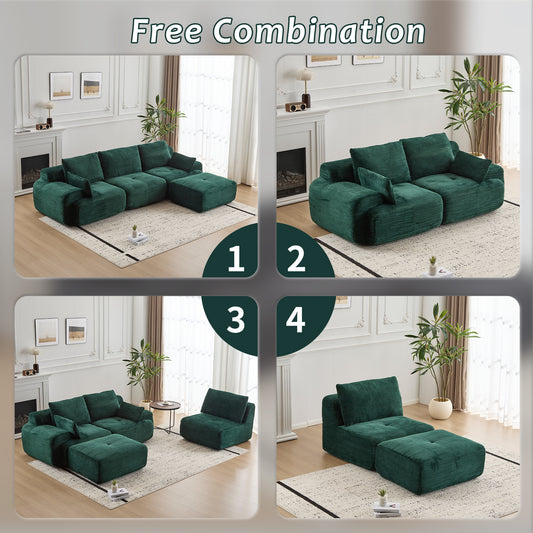 Modern Memory Foam Compressed Sofa,Large Sectional Couches For Living Room,Pet-Friendly Cloud Modular Sectional Sofa,Corduroy Fabric,Extra Deep Loveseat,No Assembly Required,Green