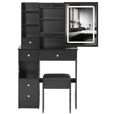 29.2 Small Size Left Drawer Desktop Vanity Table Cushioned Stool, Large Sliding, Touch Control, Tri-color Switching, Brightness Adjust LED Mirror, High Capacity Storage, Suitable For Small Space