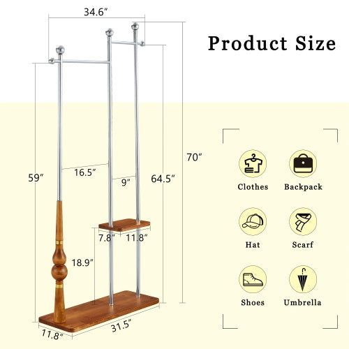 70 Industrial Coat Rack, Solid Wood & Silver Stainless Steel Clothing Rack, Double Layer Hanger For Coats, Hats, Bags, Shoes, Vintage Wood Grain 34.6 Wide