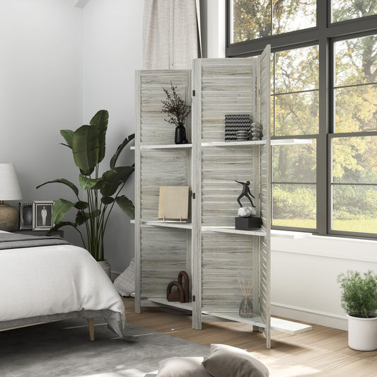 4 Panel 67" Tall Wood Privacy Screen Room Divider with 3 Shelves and Folding Storage for Bedroom, Distressed White