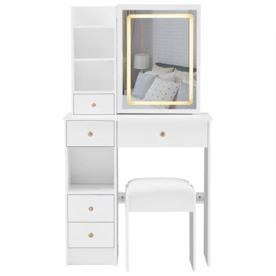 29.2 Small Size Left Drawer Desktop Vanity Table Cushioned Stool, Large Sliding, Touch Control, Tri-color Switching, Brightness Adjust LED Mirror, High Capacity Storage, Suitable For Small Space