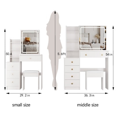 29.2 Small Size Left Bedside Cabinet Vanity Table Cushioned Stool, Large Sliding, Touch Control, Tri Color Switching, Brightness Adjust LED Mirror, High Capacity Storage Suitable For Small Space