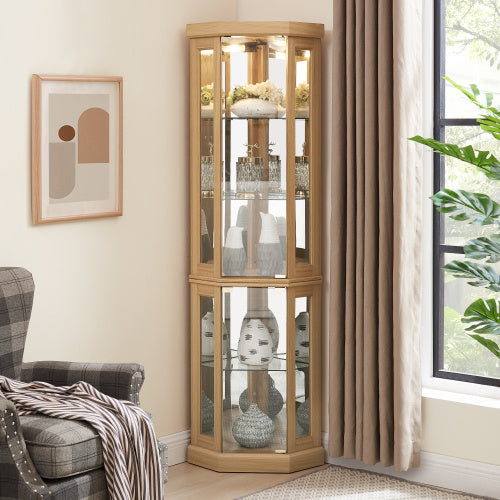 Corner Glass Cabinet Lighted Curio Cabinet Corner Display Case For Living Room, Curio Cabinet, Antique Collection, Wine,Bar Glass Storage Light Included,Dark Cherry