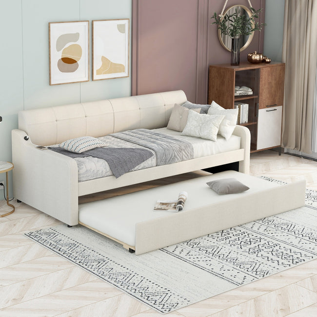 Twin Upholstered Daybed W Trundle & USB Charging, Adjustable, Beige