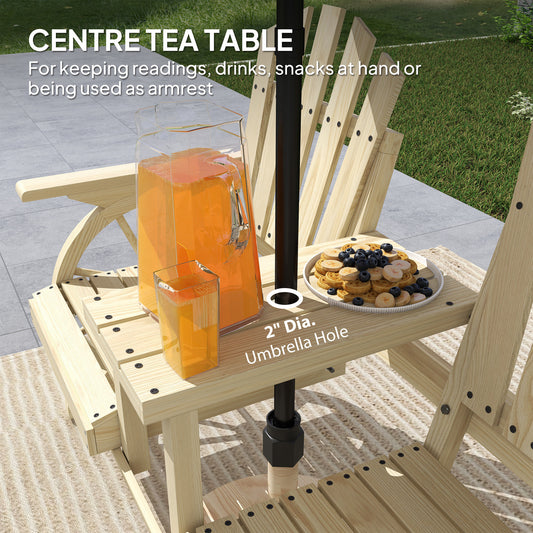 2-Seat Wooden Garden Bench With Table, Umbrella Hole, High Backrest, Armrests For Backyard, Patio, Garden, Natural Wood