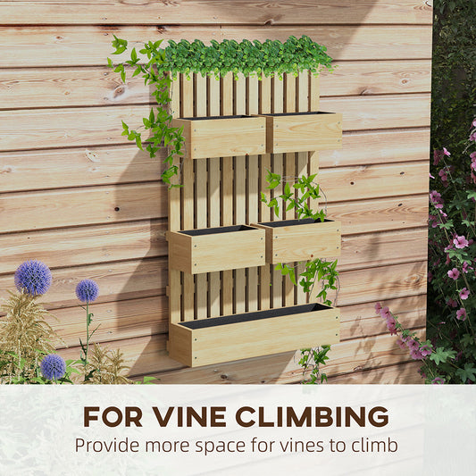 5 Box Raised Garden Bed Trellis For Climbing Plants, Wall-Mounted Wood Planters Drainage Holes, Natural