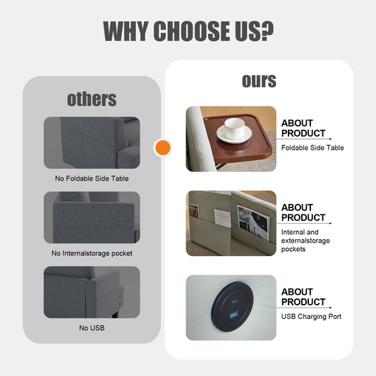 Adult Sleeper Chair Bed, 3-in-1 Convertible Sofa Chair Bed Pull-out Sofa Bed, Convenient Folding Tray Table With USB And Type-C Charging Ports For Living Room