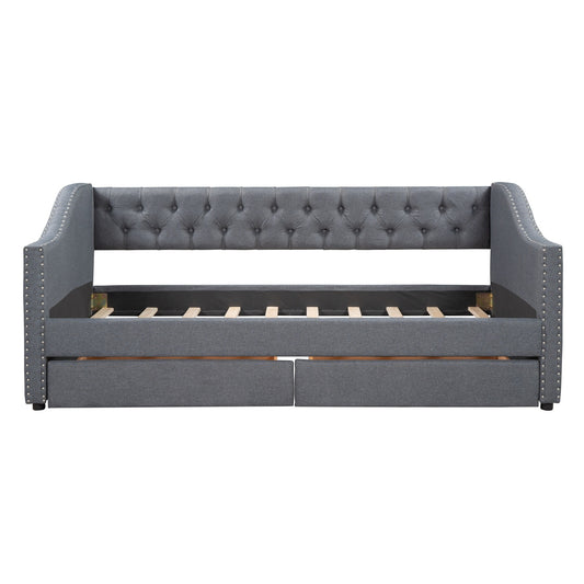 Twin Size Upholstered Daybed With 2 Drawers, Wood Slat Support, Gray