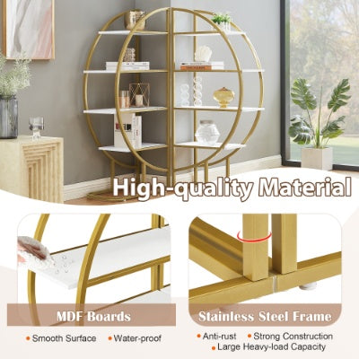 4 Tiers Home Office Open Bookshelf, Round Shape, Different Placement Ways, MDF Board, Gold Metal Frame, Golden