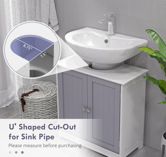 Kleankin Bathroom Vanity Cabinet, Sink Cabinet With U-Shape Cut-Out, Adjustable Shelf, White And Gray