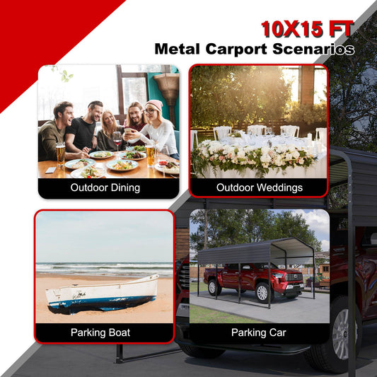 10x15 Ft Metal Carport Carports With Enhanced Base Heavy Duty Garage Outdoor Galvanized Car Shelter For Car, Boats And Truck