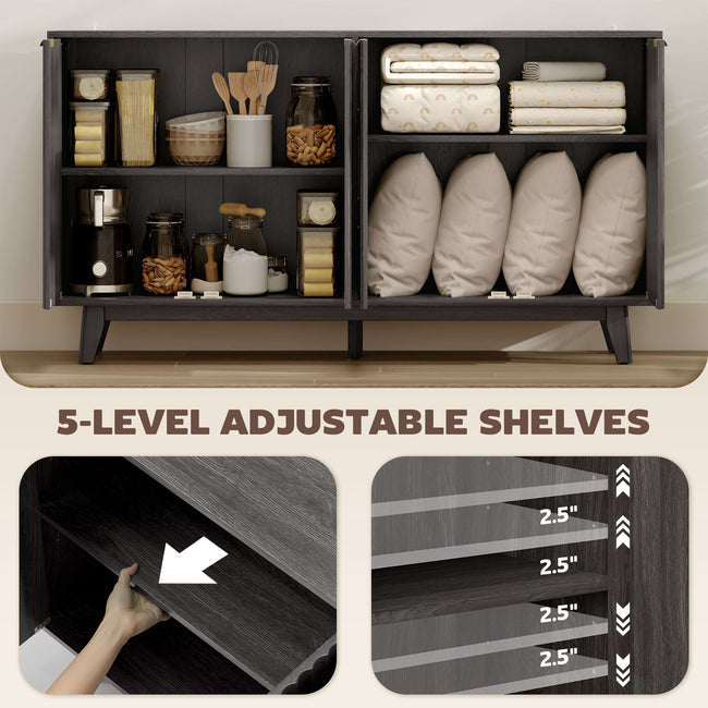 Fluted Sideboard Buffet Cabinet, 55 Coffee Bar Cabinet With 4 Doors, 2 Adjustable Shelves, 5 Wood Legs, Dark Gray