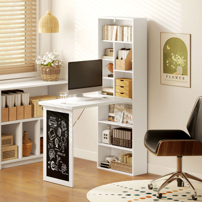 Fold Down Convertible Writing Table, Folding Desk With Blackboard & Side Shelf, Multi-Function Computer Office Workstation, White