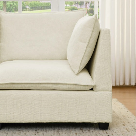 Modern Chenille Comfy Upholstered 3-Seat Sofa With 2 Lumbar Pillow, Deep Seat Sofa Sleeper For Living Room, Apartment, Office, Studio Beige White, 3-Seat