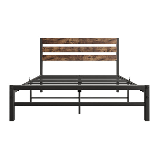 Rustic Vintage Wood Headboard Full Size Platform Bed With Metal Slats Support