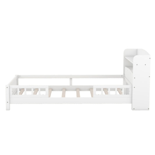 Wood Twin Size Platform Bed With Built-in LED Light, Storage Headboard And Guardrail, White