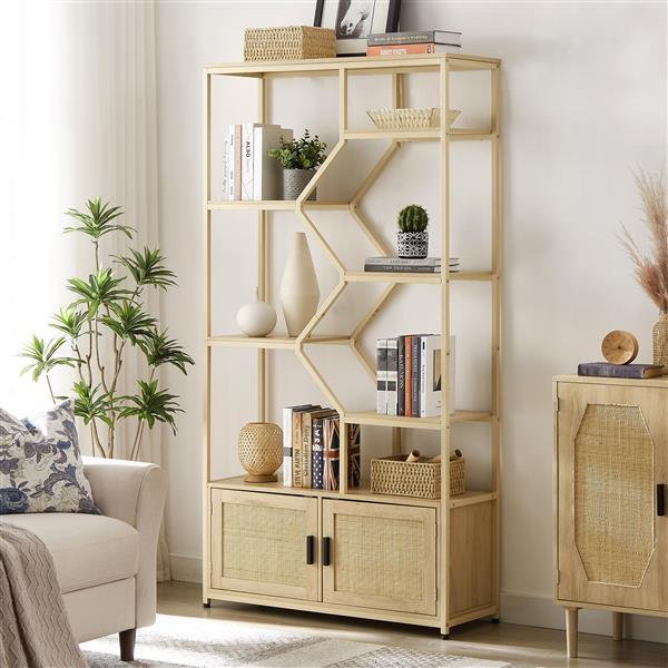 Bookshelves In Rattan, 7-tier Bookcase Storage Shelves For Living Room, Home Office, Natural Color