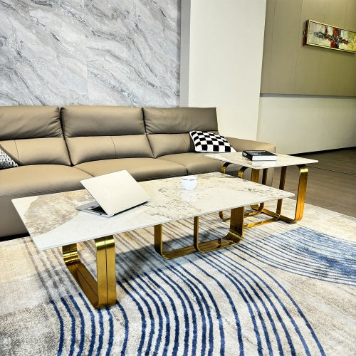 Modern Rectangular Coffee Table Set With Sintered Stone Top, Gold Metal Frame, For Bedroom, Living Room