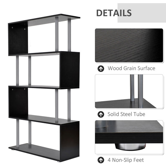 5-Tier Bookcase S-Shaped Wooden Storage Shelf Modern Decorative For Home And Office Black
