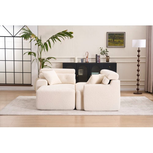LY-029B WHITE COMPRESSION SOFA Combining Chaise Longue With 3-seater Wood Grain Chenille Fabric, Full Sponge Compression Sofa,combined Sofa With 2 Pillows For Living Home Furniture